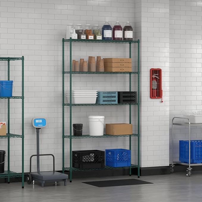 Commercial NSF Listed Green Epoxy Stationary Wire Shelving Kit 12" x 48" x 86", with 5 Shelves Perfect for Warehouse, Walk-in Refrigerator, Freezer, Grocery Store, Restaurant, Dishroom