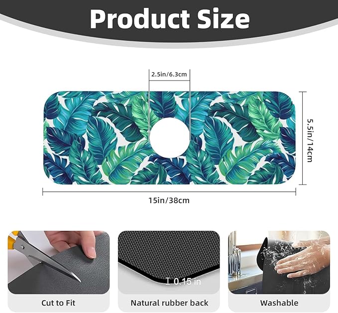 Green Tropical Palm Leaf Summer Kitchen Sink Splash Guard Faucet Mat 1 Pcs, Absorbent Fast Drying Mat Gadgets Splash Guard For Bathroom 15 X 5.5 Inches