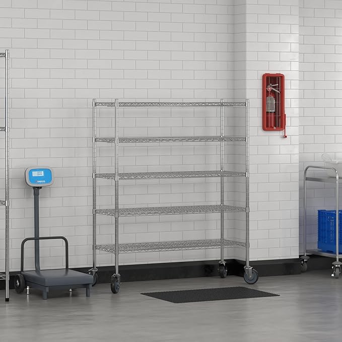 Commercial NSF Listed Chrome Mobile Wire Shelving Kit 18" x 48" x 60", with 5 Shelves Perfect for Warehouse, Walk-in Refrigerator, Freezer, Grocery Store, Restaurant, Dishroom
