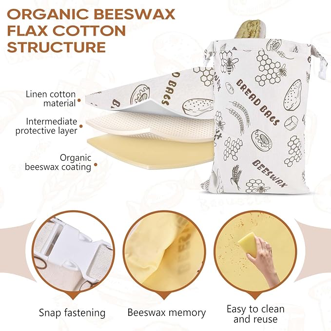 2Pack Reusable Bread Bags for Homemade Bread Organic Beeswax Cotton Bag -17x12in Food Storage with Snap Closure Fresh KeepingSourdough Storage Bag Thicker Organic Beeswax Sealed Bag(White)