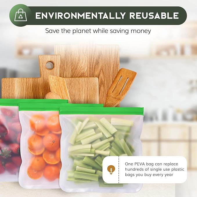 GREENZLA Planet Friendly Reusable Freezer Bags, 8-Pack Extra Thick and Leakproof & Resealable - For Safe Food Storage, Marinating, Snacks, & Meal Prep, Reusable Bags for Food, & Freezer Safety