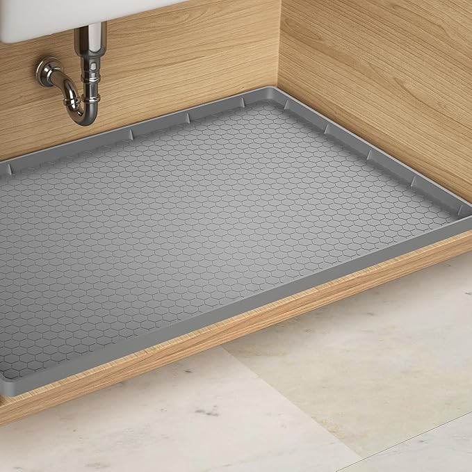 Under Sink Mat - Waterproof Kitchen Cabinet Tray - 28" x 22" Flexible Silicone Under Sink Liner with Drain Hole - Kitchen Bathroom Cabinet Mat and Protector for Drips Leaks Spills （Gray）