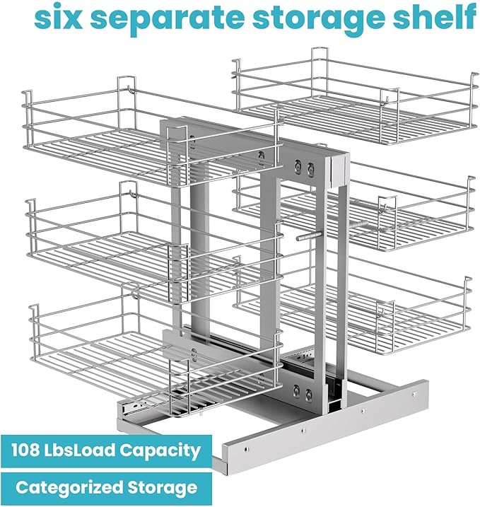 3 Tier 6 Shelf Under Sink Organizer for Kitchen Cabinets, 27’’ W X 20’’D Pull Out Cabinet Organizer, Stainless Steel Frame Slide Out Expandable Drawers for Kitchen Cabinets, Pantry, Bathroom