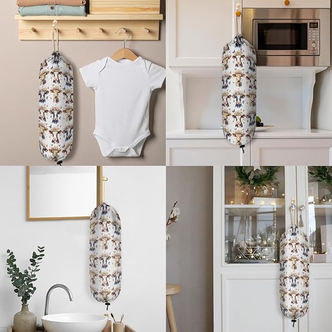 Plastic Bag Holder Butterfly Flower Highland Cow Wall Mount Grocery Bag Holder Wasgable Plastic Bag Dispenser Garbage Bag Organizer for Home Kitchen Decor, Gifts for Women Mom Family Friends