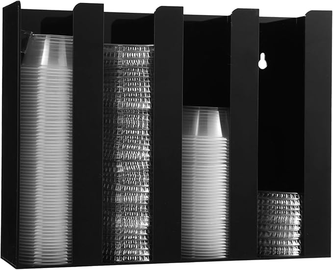 OMISTAR Portion Cup and Lid Organizer, 4-Compartment Black Acrylic Dispenser, Wall Mount/Countertop, Restaurant Coffee Tea Condiment Supplies, 13 x 10 x 3.25 in