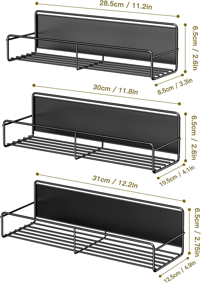 Mystozer 3 Pack Magnetic Spice Rack Organizer, Space Saver for Refrigerator and Whiteboard, Metal Fridge Shelf for Kitchen and Classroom, Black
