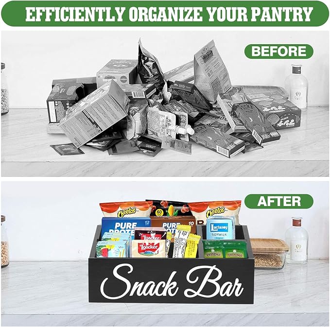 Snack Organizer for Countertop, Wooden Snack Tray and Food Storage Bins, Large 5-Compartment Snack Basket for Pantry, Kitchen Cabinet Pantry Organizer and Storage Bins for Packets