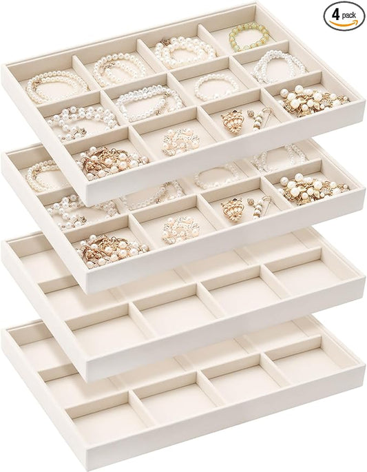 4 Pcs Stackable 12 Grids Jewelry Organizer Tray Velvet bracelet holder Tray Stackable jewelry Organizer Trays for Drawer bracelet display for Selling Bangle Necklace Earring Ring Showcase