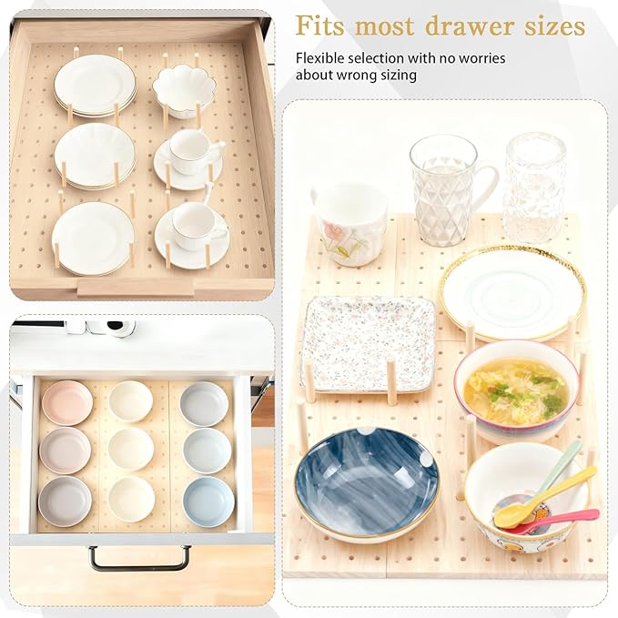 14 Pcs Pegboard Drawer Organizer with 140 Wood Peg 21 Inch Wooden Plate Utensils Organizer Dishes Storage Drawer Dividers, for Kitchen (Wood Color)