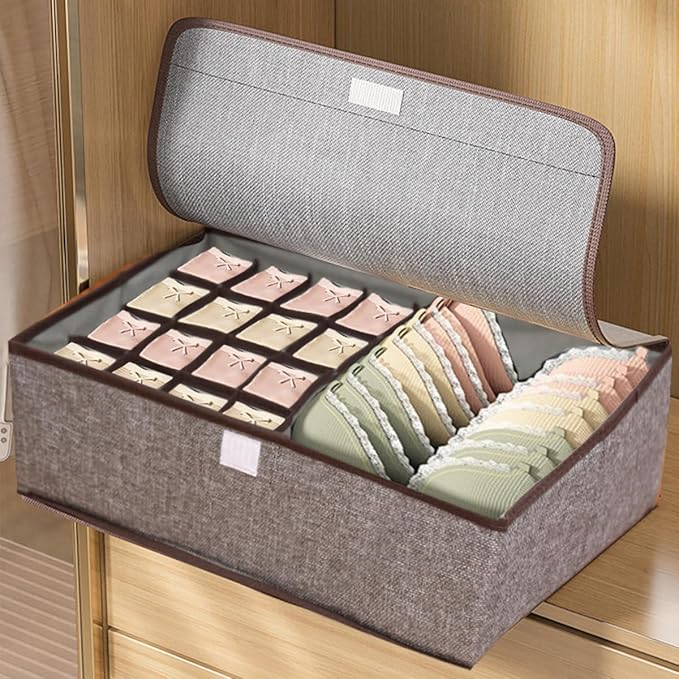 FACELESS Cotton and Linen Fabric Storage Box, Foldable with Lid, Dust-Proof, Drawer Style Partition, Underwear and Socks Storage (2 pieces - gray-17 grids, 17.72X11.42X4.72 IN)