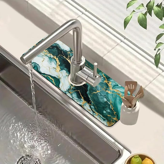 Green Marble Sink Faucet Absorbing Mat Liquid Gold Marble Super Absorbent Fast Drying Mat Sink Gadgets Behind Faucet Sinkmat for Kitchen Bathroom, 15.5"x5.5"