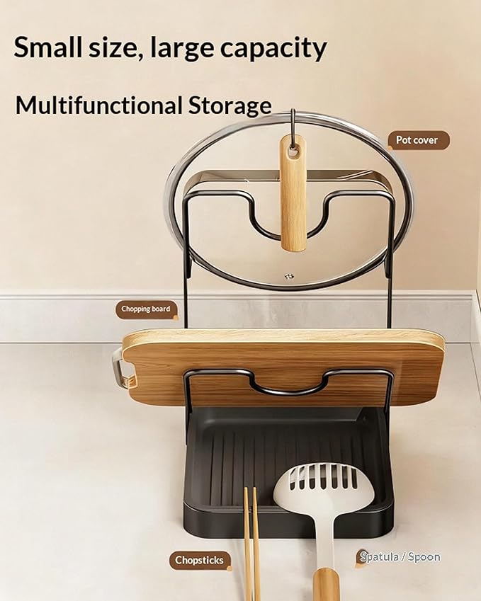 Kitchen Pot Lid Storage Rack, Pot Lid Holder with Tray, Lid Holder While Cooking, Lid and Spoon Rest, Multifunctional Kitchen Organizer Stand, No More Pools of Gross Water (Grey-Double layer)