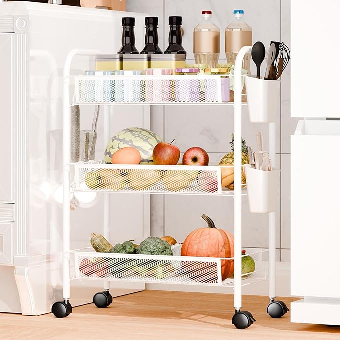 5-Tier Slim Rolling Cart with Wheels, Stackable Narrow Storage Trolley, Mesh Basket Kitchen Utility Cart, Fruit Vegetable Organiser for Pantry, Laundry, Bathroom, Easy Assembly Black 3-Layers