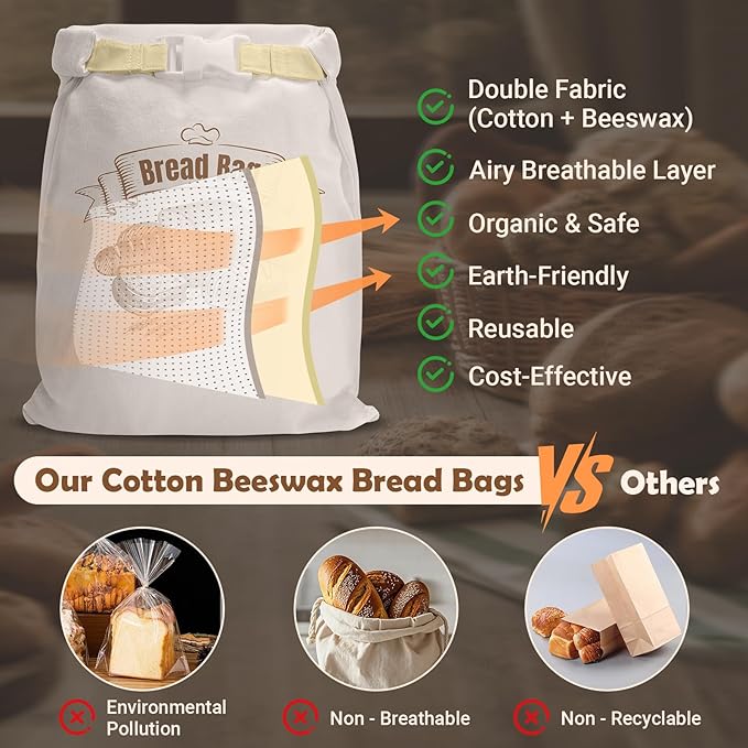 NIKKOUR Cotton Beeswax Bread Bag Reusable Double-Lock Freezer Safe for Homemade Sourdough Bread Food Storage Gifts for Sourdough Bakers (Pattern 2 1PCS)