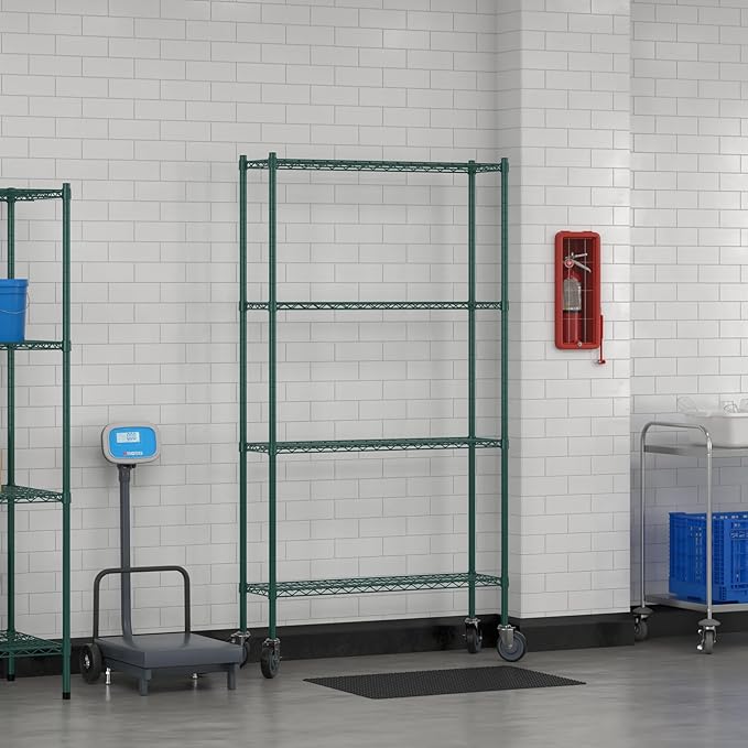 Commercial NSF Listed Green Epoxy Mobile Wire Shelving Kit 12" x 42" x 80", with 4 Shelves Perfect for Warehouse, Walk-in Refrigerator, Freezer, Grocery Store, Restaurant, Dishroom