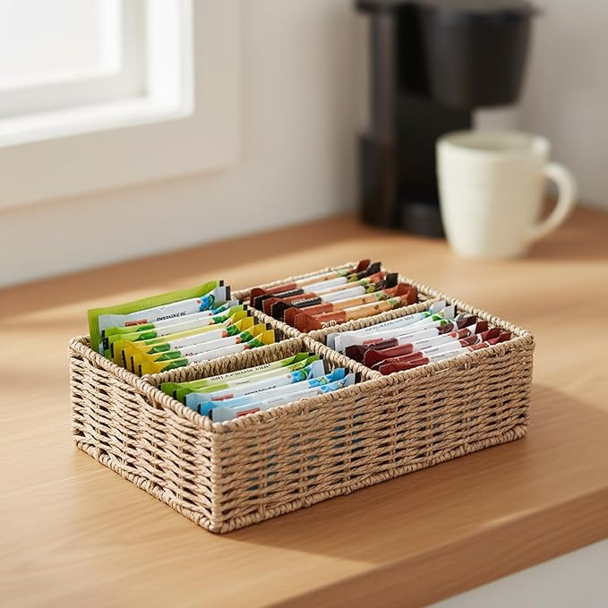 Drink Packet Organizer, Water Flavor Packets Container with 4 Compartments, Sugar Packet Holder, Wicker Snack Bar Organizer, Pantry Organizers and Storage