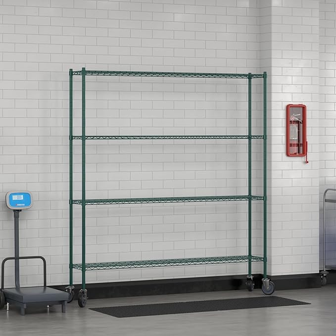 Commercial NSF Listed Green Epoxy Mobile Wire Shelving Kit 12" x 72" x 80", with 4 Shelves Perfect for Warehouse, Walk-in Refrigerator, Freezer, Grocery Store, Restaurant, Dishroom