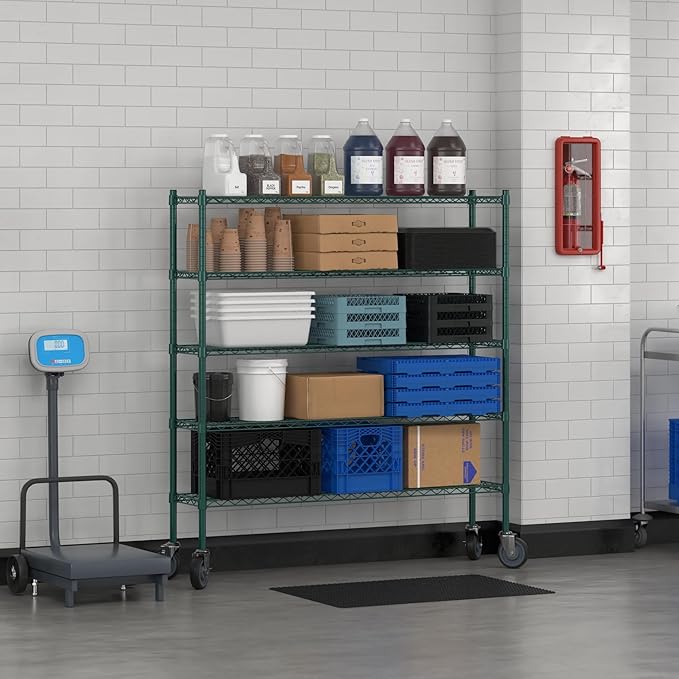 Commercial NSF Listed Green Epoxy Mobile Wire Shelving Kit 12" x 54" x 60", with 5 Shelves Perfect for Warehouse, Walk-in Refrigerator, Freezer, Grocery Store, Restaurant, Dishroom