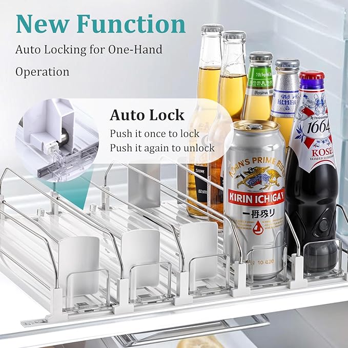 Drink Organizer for Fridge, Soda Can Organizer Dispenser for Refrigerator with Automatic Pusher Glided, Width Adjustable Clear Dividers Can Holder for 6-20oz Beverage, 15''D x15.4''W, 5 Rows