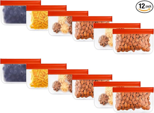 Reusable Silicone Storage Bags – 12-Pack Ziplock Bag Set (Small & Snack Size 7x5), BPA-Free Leakproof Freezer Pouches, Eco-Friendly & Durable, for Meal Prep, Kids Lunches, Travel & Kitchen Use
