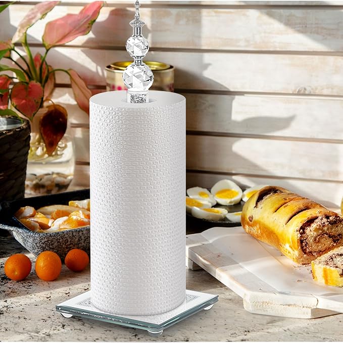 Crystal Paper Towel Holder, Bling Silver Paper Towel Roll Holder, Decorative Standing Paper Towel Holder for Kitchen Countertops Bathroom, Paper Towel Dispenser with Weighted Base (Square/Silver)