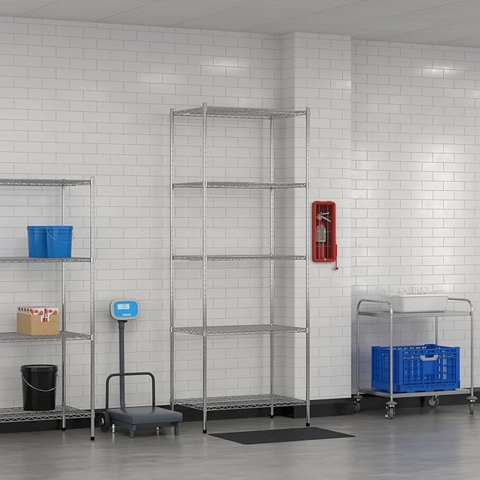 Commercial NSF Listed Chrome Stationary Wire Shelving Kit 24" x 36" x 96", with 5 Shelves Perfect for Warehouse, Walk-in Refrigerator, Freezer, Grocery Store, Restaurant, Dishroom