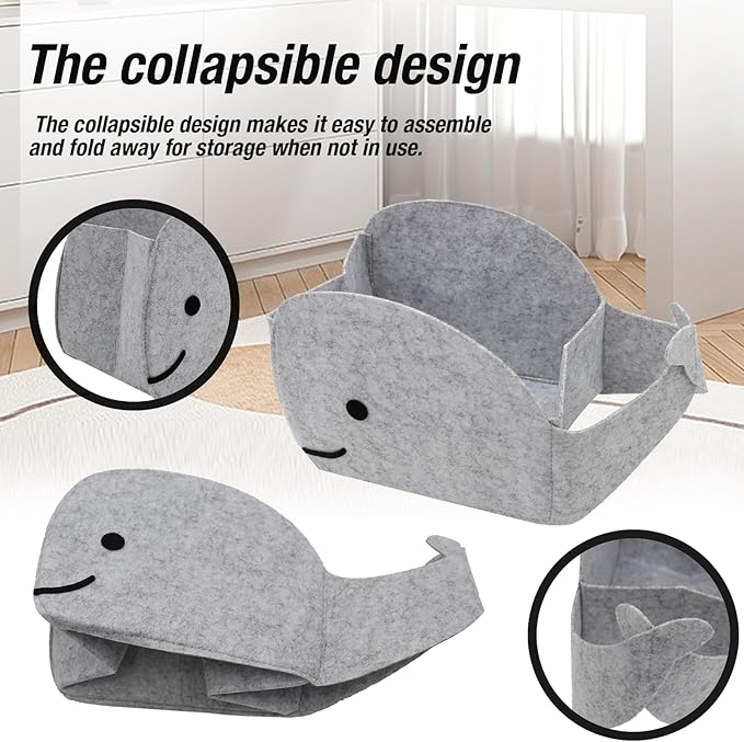 Storage Basket Felt Storage Bin Whale Shaped Collapsible & Convenient Box Organizer with Carry Handles for Home Bedroom Closet Babies Nursery Toys (Small)