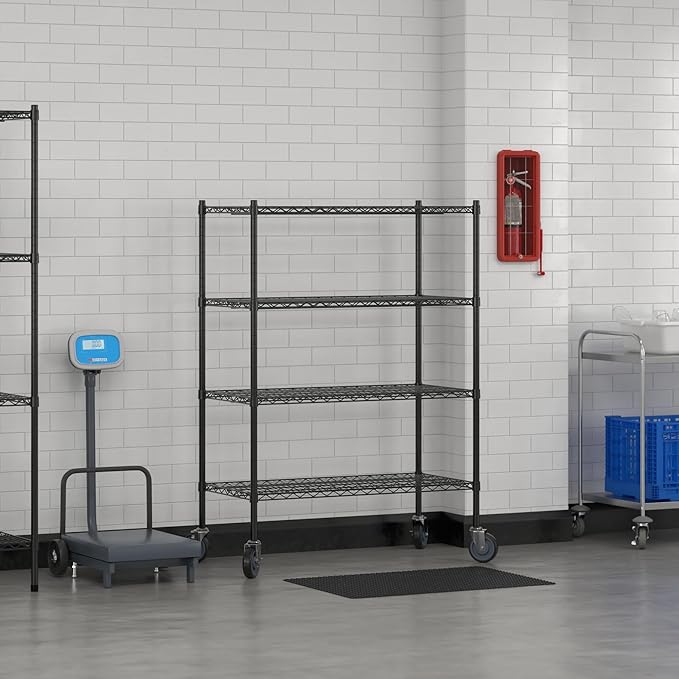 Commercial NSF Listed Black Epoxy Mobile Wire Shelving Kit 21" x 42" x 60", with 4 Shelves Perfect for Warehouse, Walk-in Refrigerator, Freezer, Grocery Store, Restaurant, Dishroom