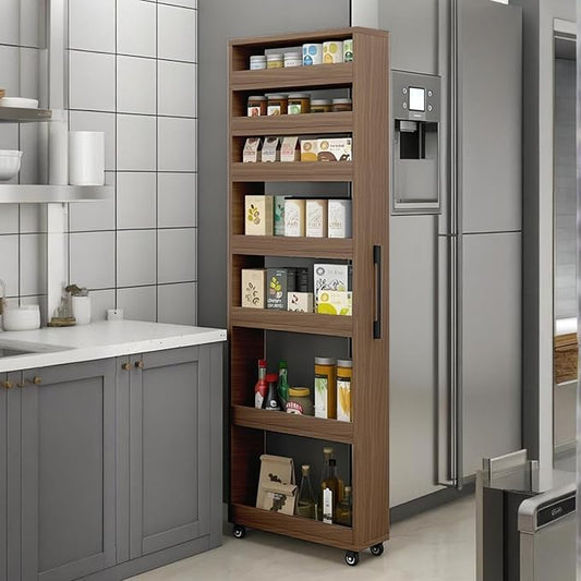 7 Tier Standing-Shelf with Wheels, 5.9/7.9/9.8'', Wooden Slim Storage Cart, Thickened Plate, Scratch-Resistant and Wear-Resistant, for Home, Kitchen, Bakers, Closet, Pantry, Dining Room
