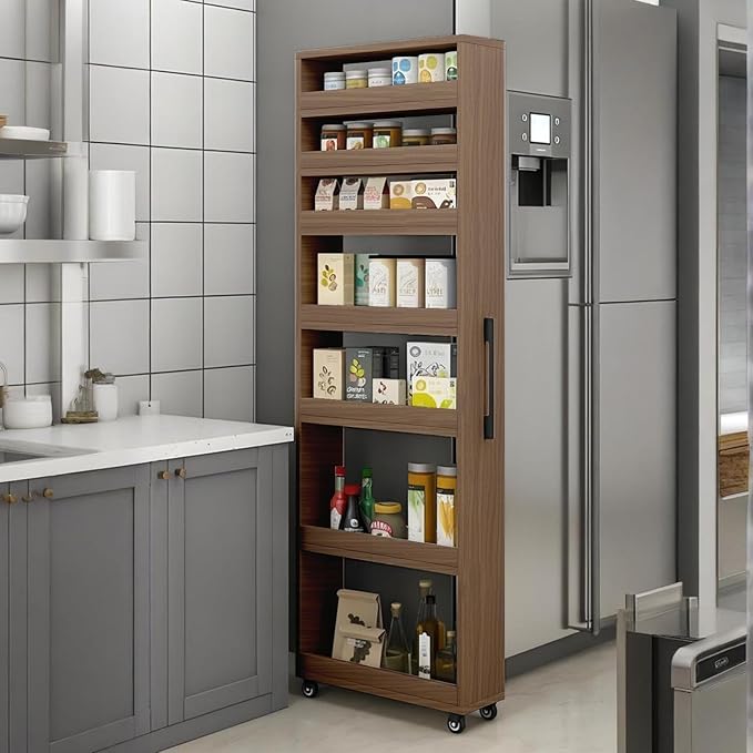 7 Tier Standing-Shelf with Wheels, 5.9/7.9/9.8'', Wooden Slim Storage Cart, Thickened Plate, Scratch-Resistant and Wear-Resistant, for Home, Kitchen, Bakers, Closet, Pantry, Dining Room