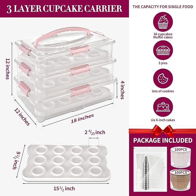 ARC 3-tiers Cupcake Carrier (Pink) - Cupcake Holder and Cake Transport Container that Holds up to 36 Cupcakes or 3 Large Cakes - BPA-Free, Great for Parties & Festivals