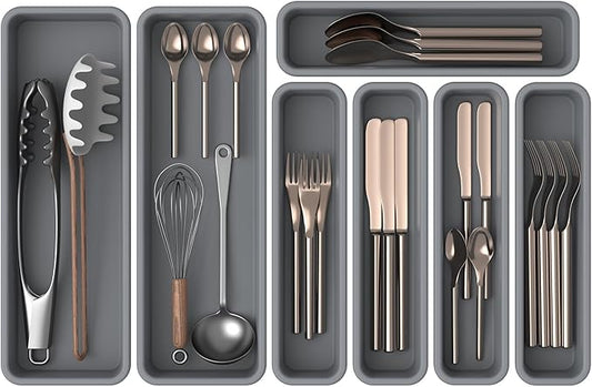 7 Pack Silicone Silverware Drawer Organizer, DIY Free Combination Kitchen Drawer Organizer, Utensil Organizer, Moisture-proof and Heat-resistant up to 200°C, Anti-slip and Environmentally (Grey)