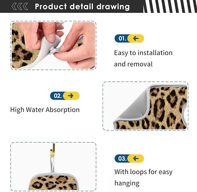 2 PCS Kitchen Sink Splash Guard 23.6 Inch Faucet Mat for Kitchen Sink Bathroom Sink Faucet Absorbing Drip Drain Mat Pad Microfiber Soft Washable Brown Leopard Print