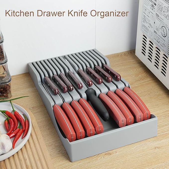 Knife Holder, In Drawer Knife Block Holder with Expandable Cutlery Tray Kitchen Drawer Organizer Insert-Holds 11 Knives for Save Space & Kitchen Safety (16 holder, Polypropylene (PP))