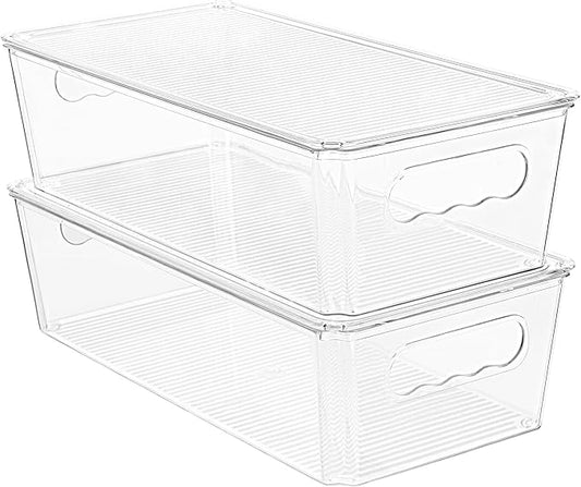 Vtopmart 2pcs Clear Organizers and Storage Bins with Lids, Stackable Plastic Storage Containers with Handles for Fridge, Freezer, Pantry, Cabinet, Kitchen Organization