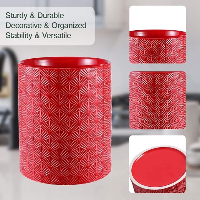 Ceramic Utensils Holder，Extra Large Stable Ceramic Cooking Tool Organizer Set for Kitchen，For Countertop ,Red