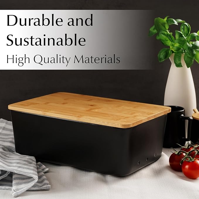 MIAMIO – Bread Box for Kitchen Countertop/Ceramic Bread Box with Cutting Board, Bread Container with Bamboo Lid, 12.6 x 7.9 x 4.5 inches