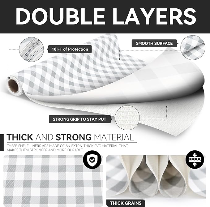 RAY STAR Shelf Liners 12 Inch X 10 Ft for Kitchen Cabinets Non-Adhesive, Cabinet Liners for Shelves Waterproof Easy Trim Wipe Clean Non Slip Grip Bottom Drawer Pantry Liner Gingham Checkered Grey