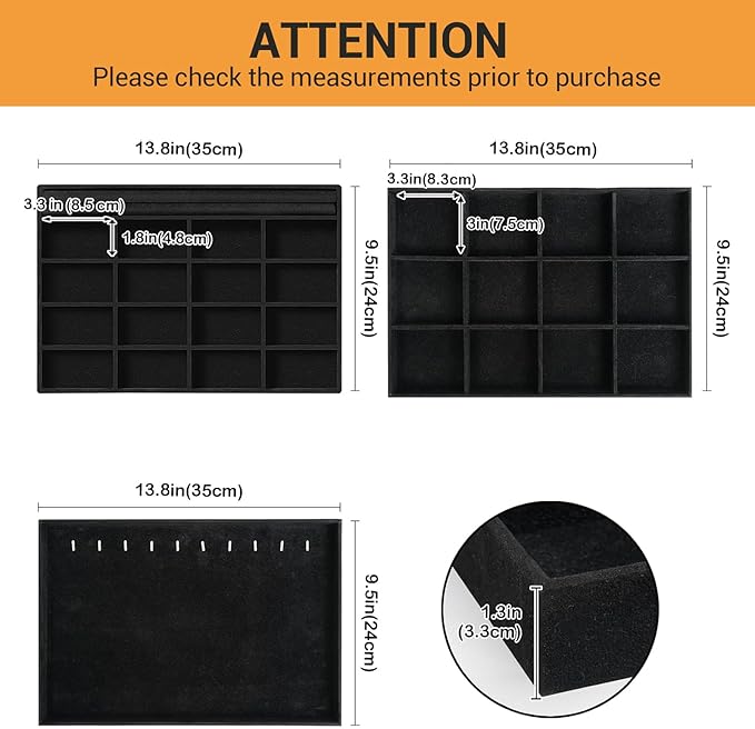 ProCase Stackable Large Jewelry Drawer Organizer, 3 Pack Velvet Jewelry Organizer Tray with Removable Dividers for Earring Necklace Bracelet -Allblack