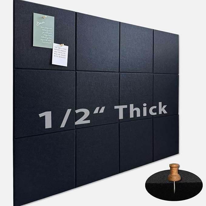 Large Cork Board for Office Wall Decor,48"x36"-12 Pack Felt Wall Tiles with Safe Removable Adhesive Tabs, 1/2" Thick, Felt Bulletin Board Pin Board Cork Boards for Walls - Black