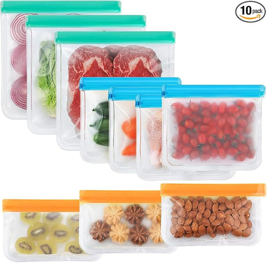 Reusable Freezer Bags with BPA Free,Dishwasher Safe&Extra Thick Leakproof Silicone Food Storage Sets,10pcs Reusable Bags Silicone-3Gallon+4Sandwich+3Snack Bags