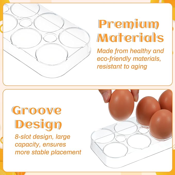 2 PCS Clear Egg Holder for Fridge, Durable Plastic Egg Storage Container Tray, Compact Kitchen Organizer Rack for Countertop, Holds 8 Eggs