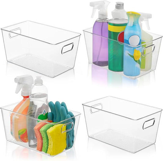 Set of 4 Clear Plastic Storage Bins With Handles, Containers To Organize Pantry, Fridge, Cabinet, Kitchen, Countertop, Closet, Cupboard, Home Organization and Storage