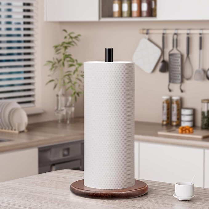 Paper Towel Holder with Wooden Base, Kitchen Countertop Paper Towel Stand, Brown Wood Base with Black Stainless Steel Post, Farmhouse Roll Dispenser.