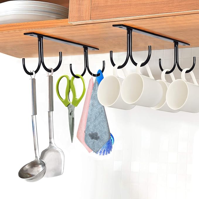MOCOUM Under Cabinet Mug Rack, Rustic Mug Organizer Rack Cup Holder Under Shelf Hanging Hooks Rack for Mugs, Coffee Cups and Kitchen Utensils Display (Black-2 Pack-8 Hooks)