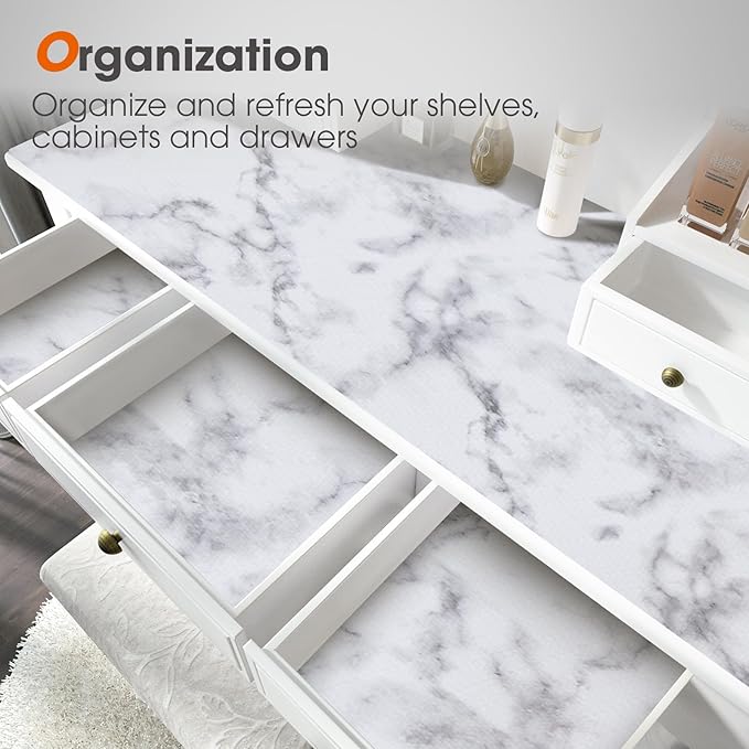 ALIUNI Drawer and Shelf Liner, Non-Slip Kitchen Cabinet Liners Non-Adhesive Thick Strong Grip Waterproof Washable Mats Protect Dresser Shelves Cupboard Bathroom Cabinets, White Marble, 24 in X 30 FT