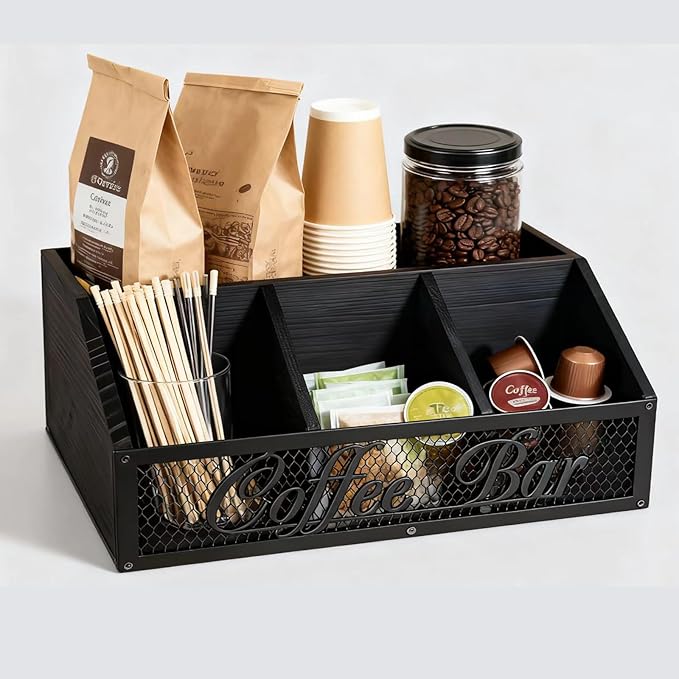 Coffee Station Organizer for Countertop, Wood Coffee Bar Organizer, Coffee Pods Holder Storage Box, Rustic Bar Accessories for Decor, Syrup and Tea Condiment (Black)