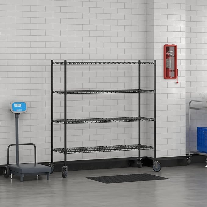 Commercial NSF Listed Black Epoxy Mobile Wire Shelving Kit 18" x 54" x 60", with 4 Shelves Perfect for Warehouse, Walk-in Refrigerator, Freezer, Grocery Store, Restaurant, Dishroom