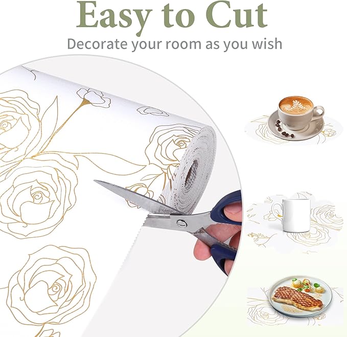 Shelf Liners for Kitchen Cabinets 12in x 10FT Non Adhesive Drawer Liner Gold Floral Thickened Shelf Liner Paper Strong Non-Slip Easy to Clean for Tool Box Refrigerator with Knife and Tape Measure