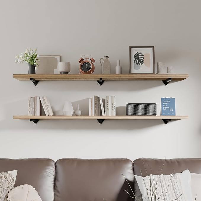 Long Wall Shelves 60 inch,Long Floating Shelf for Wall Set of 2, Large Shelves with Metal Brackets, Farmhouse Bookshelf for Bedroom, Living Room and Bathroom